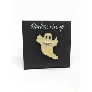 NOS Halloween White Enamel BEST Ghost Silver Tone Darlene Group Pin Brooch